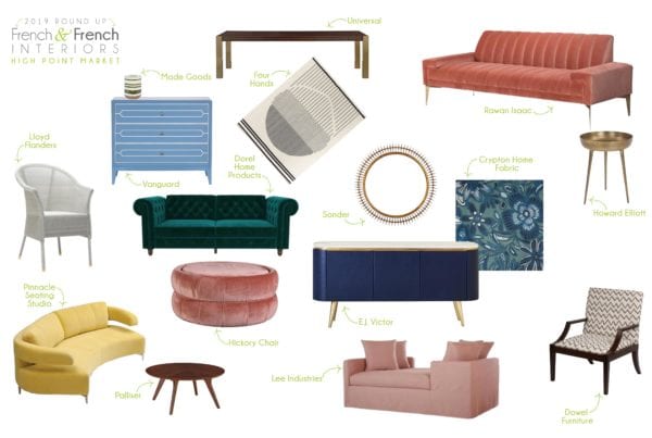 graphic for 2019 Round up from French & French Interiors High Point Market with different furniture items from several companies