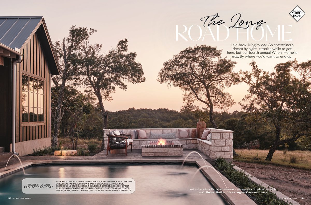 the long road home article in House Beautiful image of outdoor pool in Texas at sunset